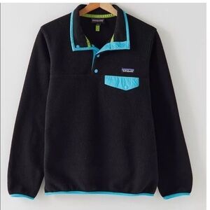 Patagonia Synchilla Snap T Pullover Fleece Sweater Black Blue Trim Size XS Women